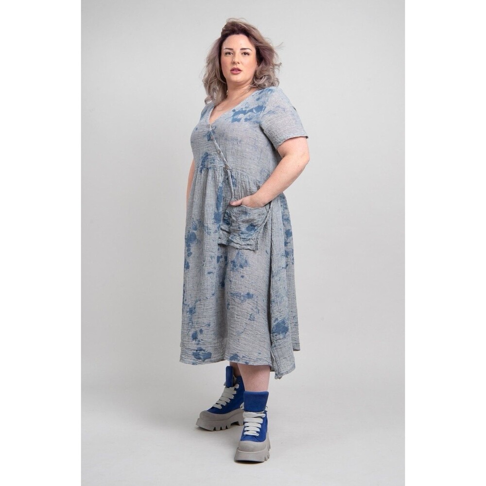 Luukaa "Fire" Midi Dress US 8 Linen Tie Dye Blue Short Sleeve V-Neck Pocket - Picture 7 of 7